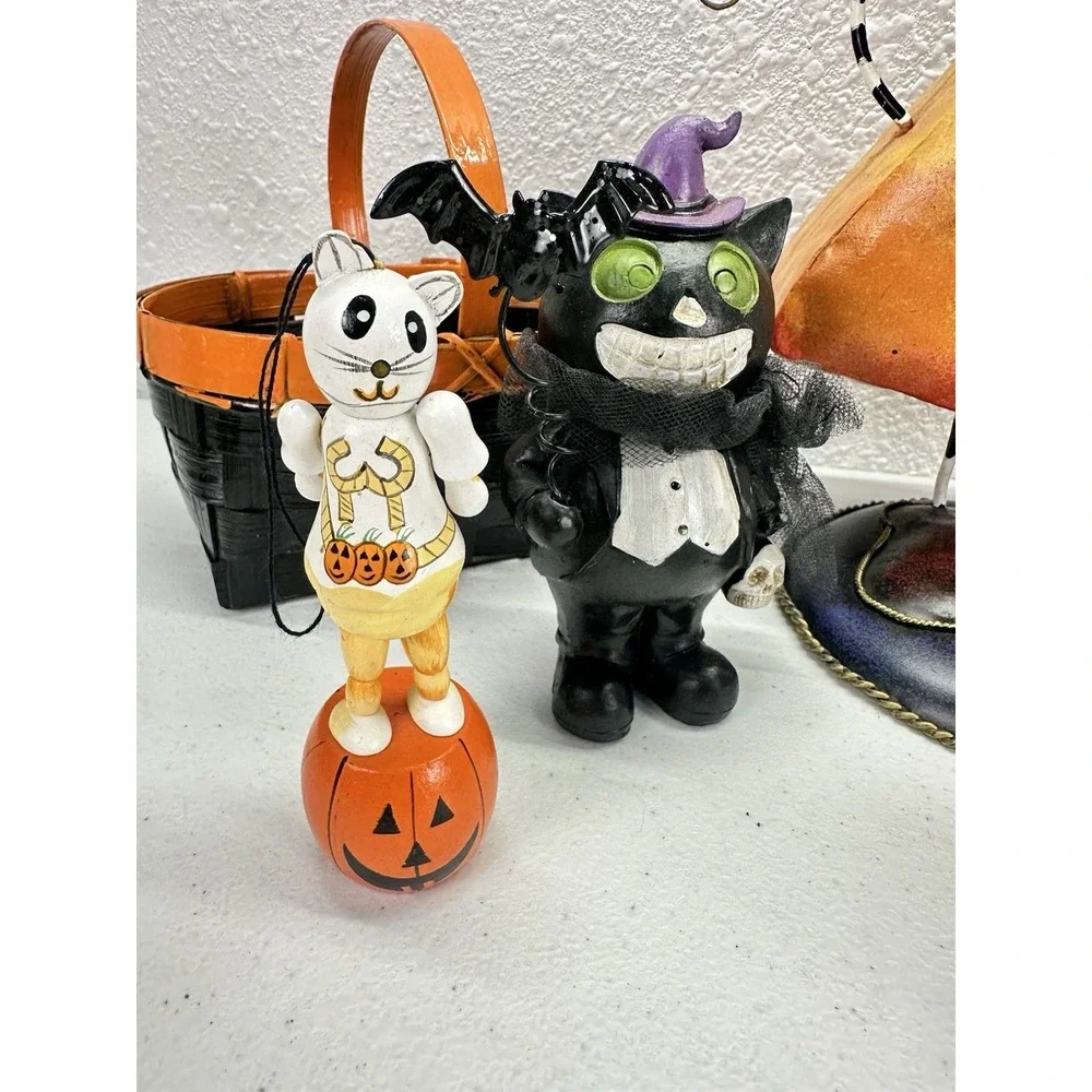 Vintage Halloween Decor Lot Candy Corn Dreamsicle Black Cats Pumpkin Basket 7 Pc